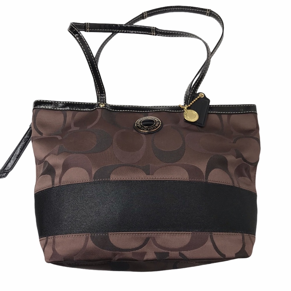 Coach Brown Logo Sateen & Leather Shouldr Bag VGUC